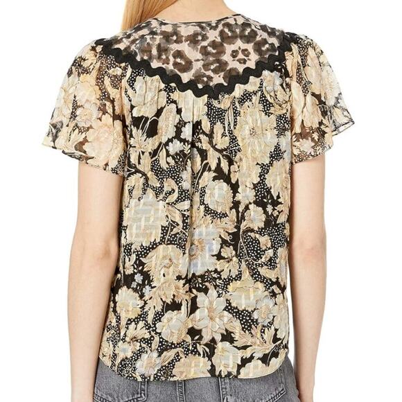Rebecca Taylor Gold Leaf Top Black Combination Floral Size 0 Feminine Romantic - Picture 2 of 14